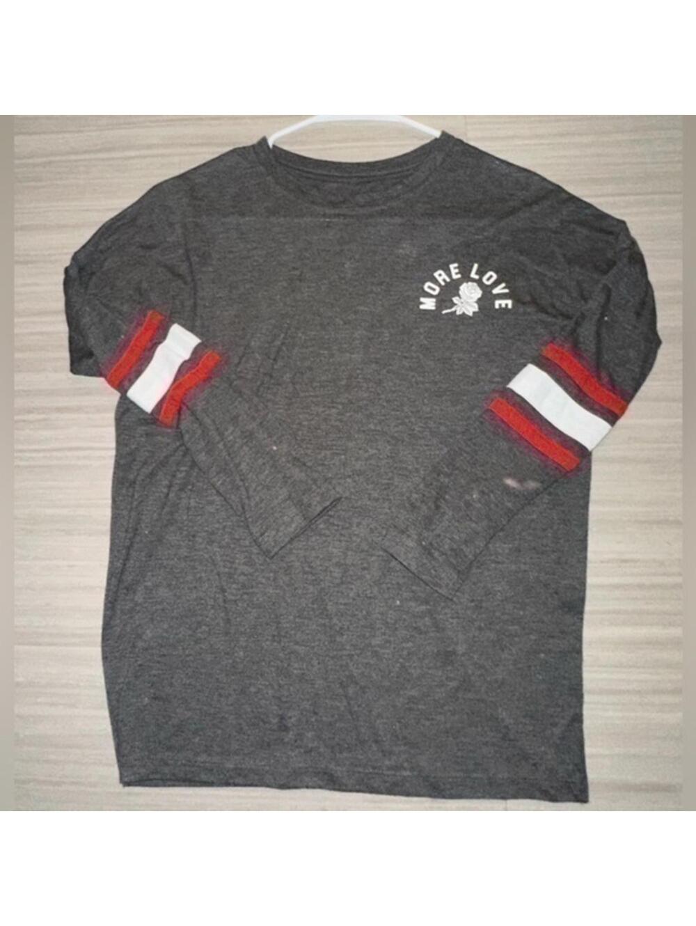 Mighty Fine Je’taime graphic tee 3/4 sleeve shirt, gray XS stripes